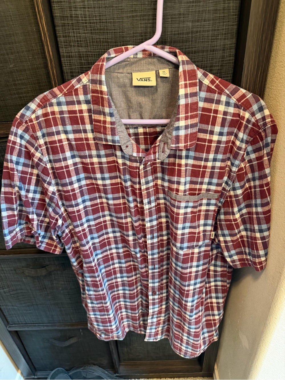Vans Men’s Maroon Plaid Short-Sleeve Button-Up Shirt